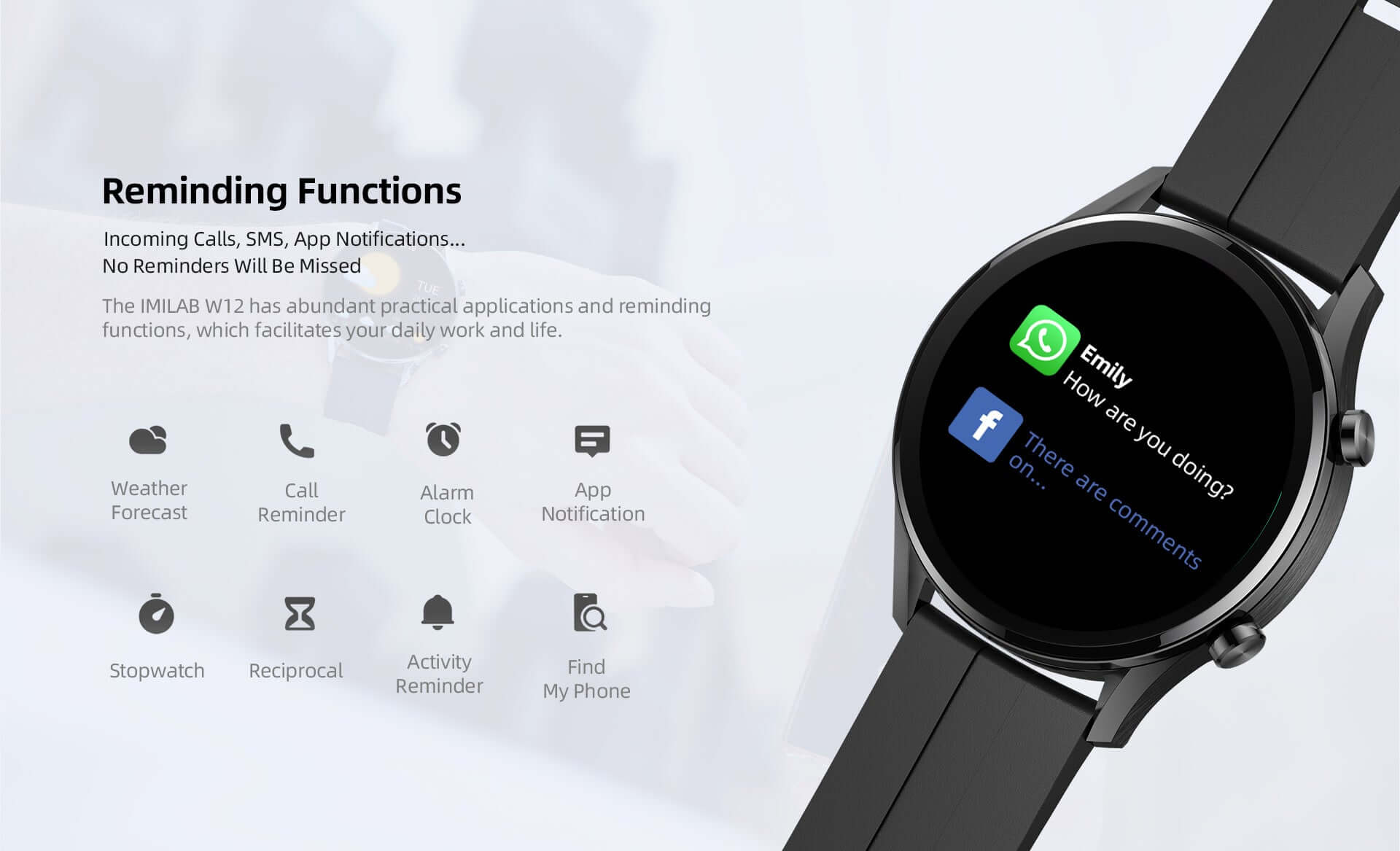 Stylish black IMILAB W12 smart watch for men and women