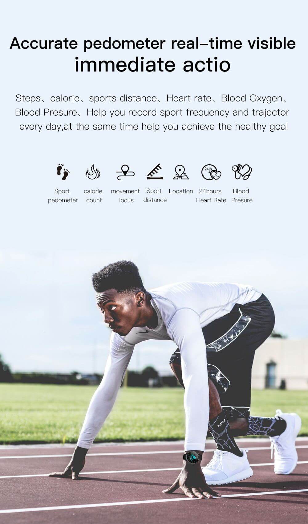 Man preparing to sprint while wearing a smartwatch, tracking fitness metrics like heart rate and steps.