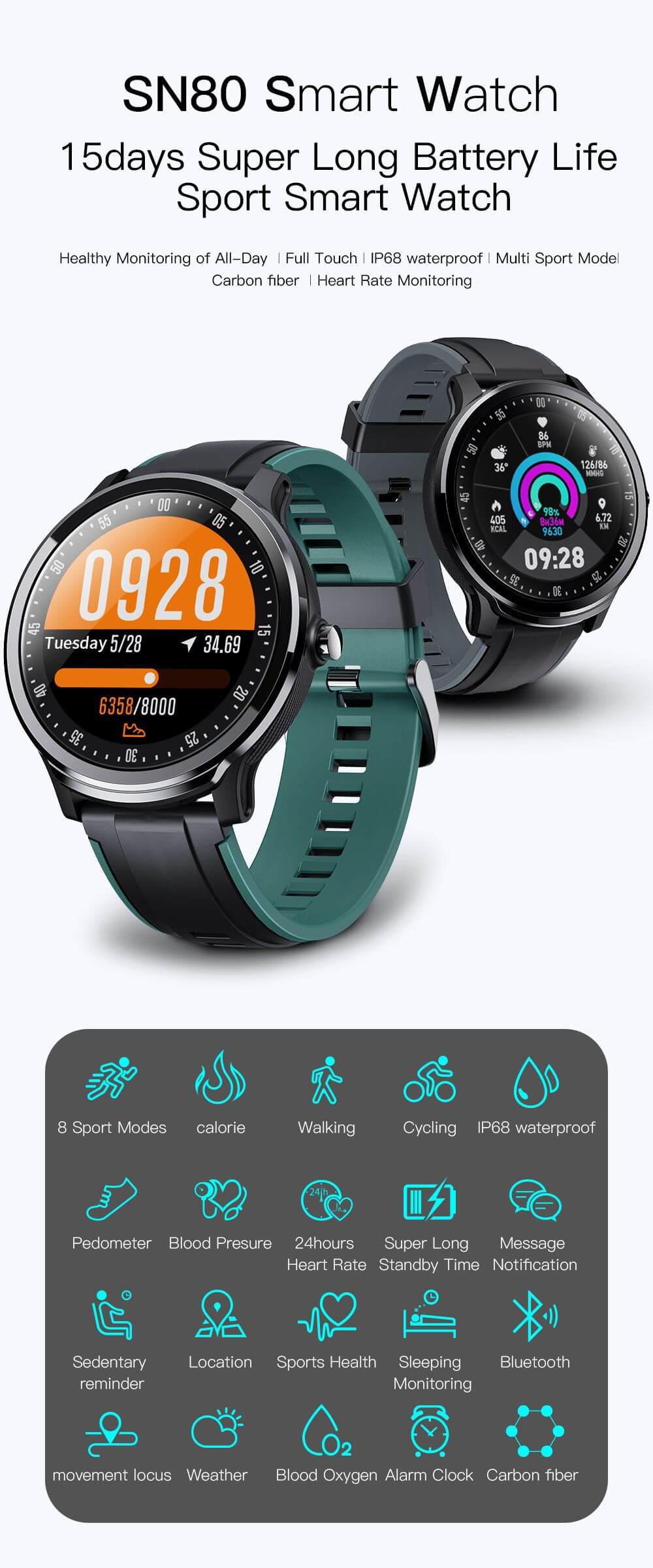 SN80 smartwatch with 1.3-inch touch screen, 15 days battery life, and fitness tracking features for sports enthusiasts.
