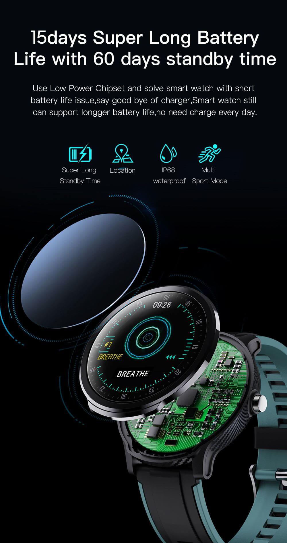 Smart watch with 15 days battery life, customizable watch face, and multi-sport modes on display.