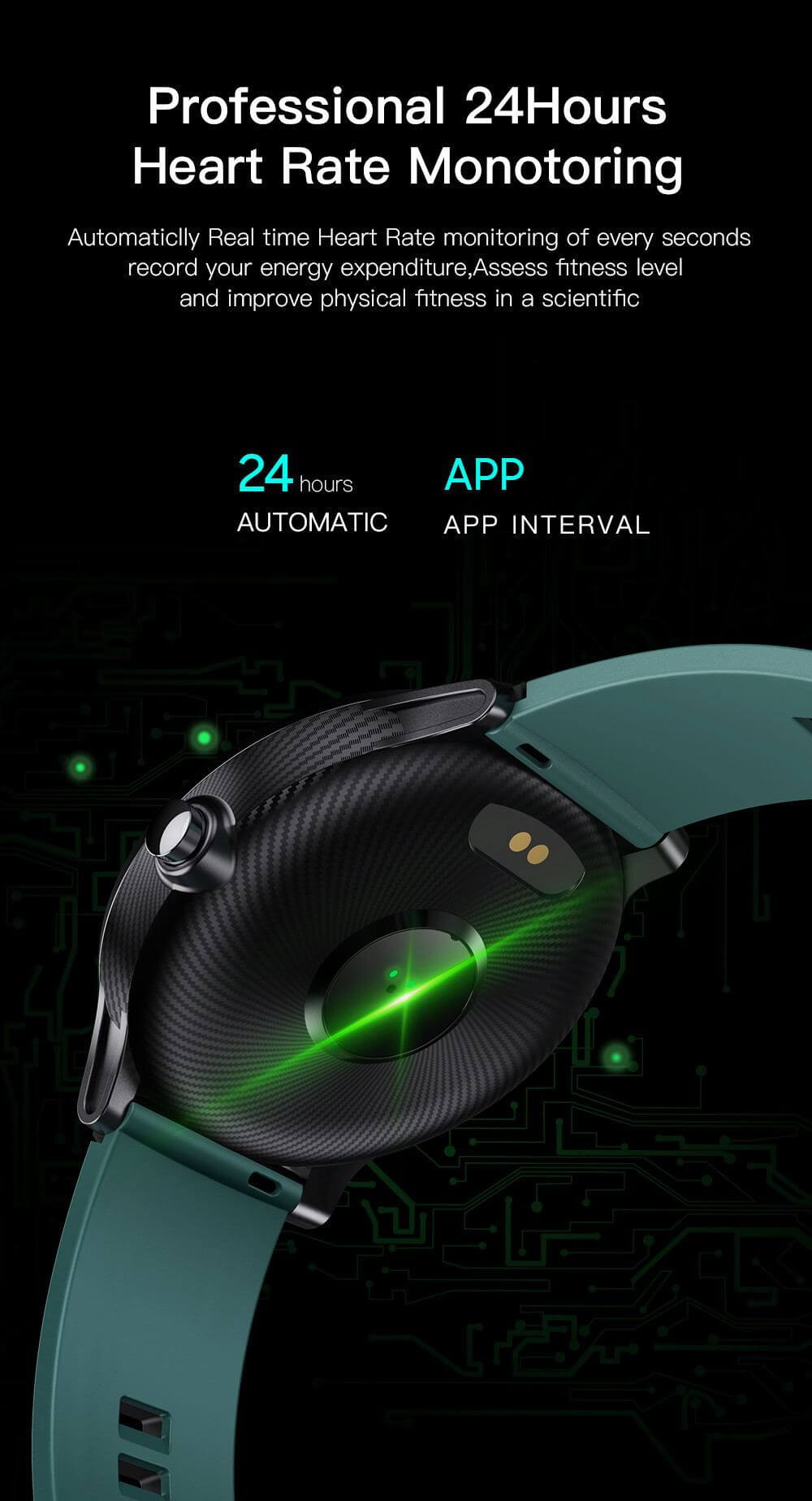 Professional smartwatch with 24-hour heart rate monitoring and app integration for fitness tracking.