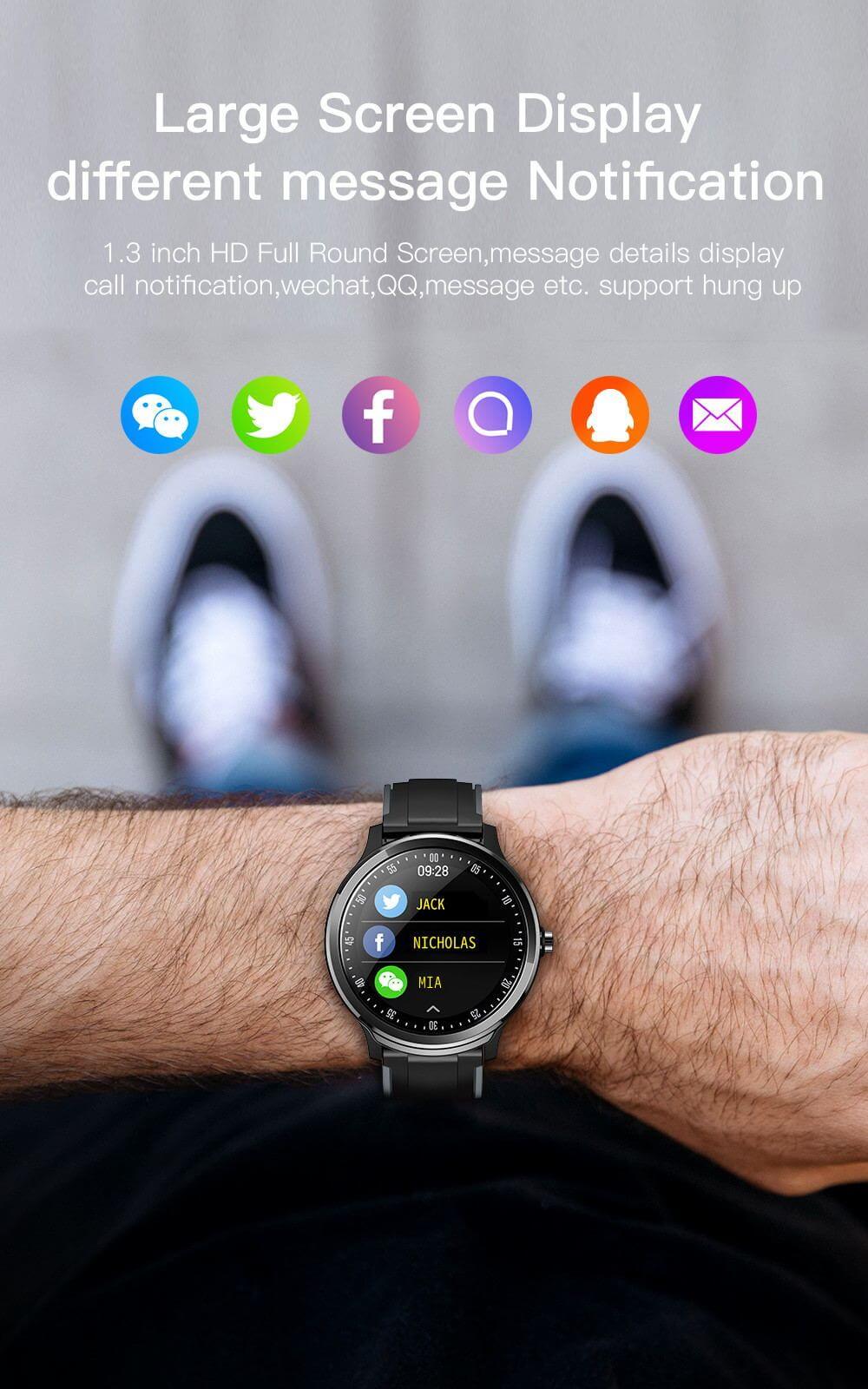 Close-up of a smartwatch with a 1.3-inch screen displaying notifications from various apps, worn on a person's wrist.