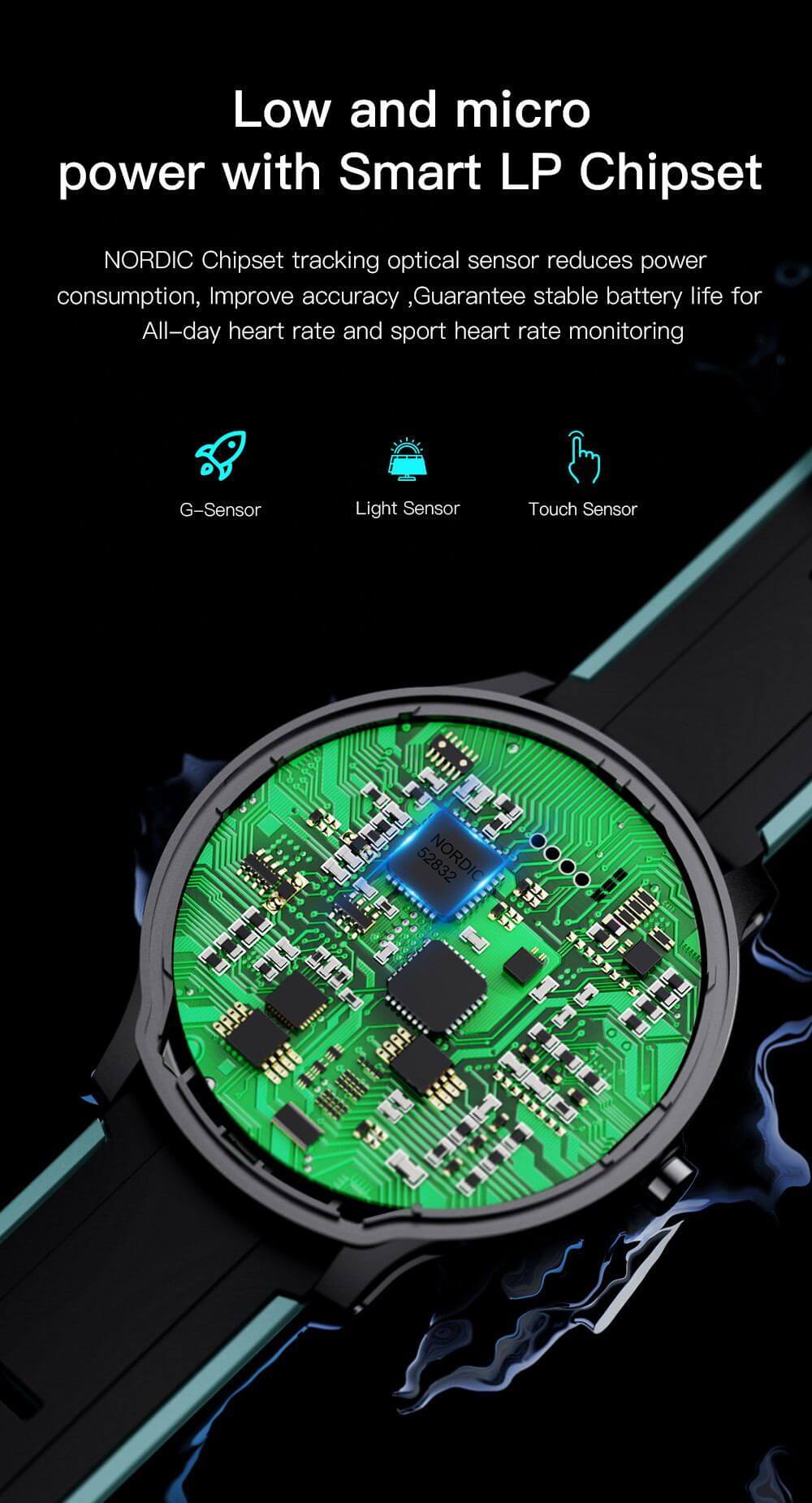 Close-up of the smart watch's microchip with sensors for heart rate and touch monitoring.