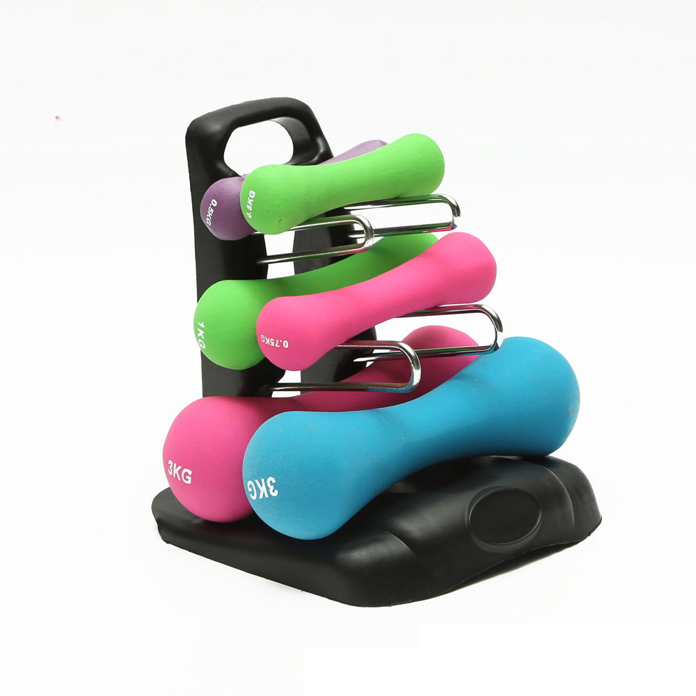 Wooden-frame dumbbell rack with colorful vinyl dumbbells