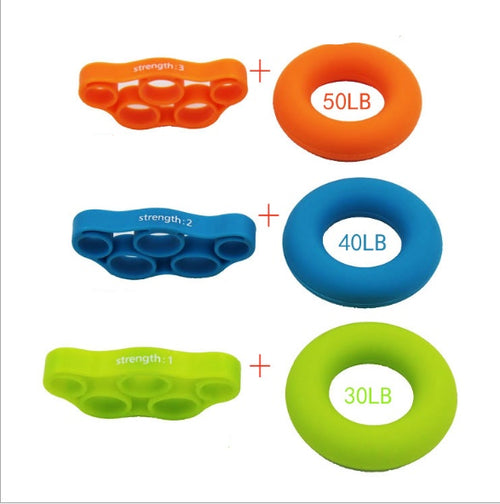 Flat lay: finger stretcher bands and workout guide booklet
