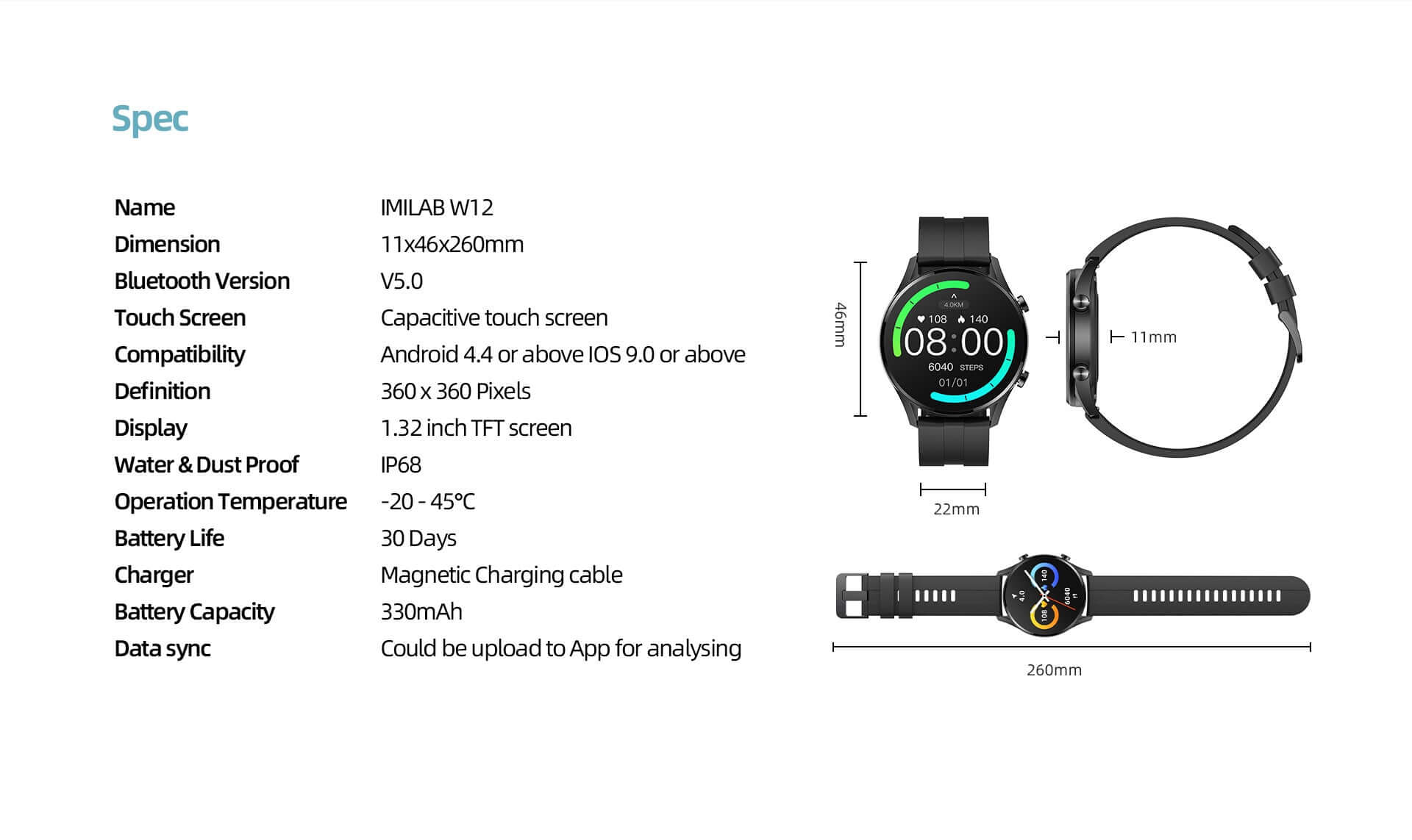 IMILAB W12 black smart watch with waterproof fitness features