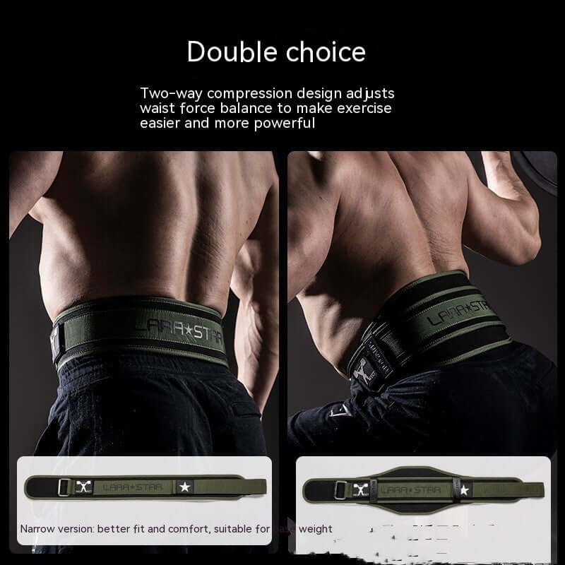Fitness belt for men in army green, featuring two-way compression design for lumbar support during workouts.