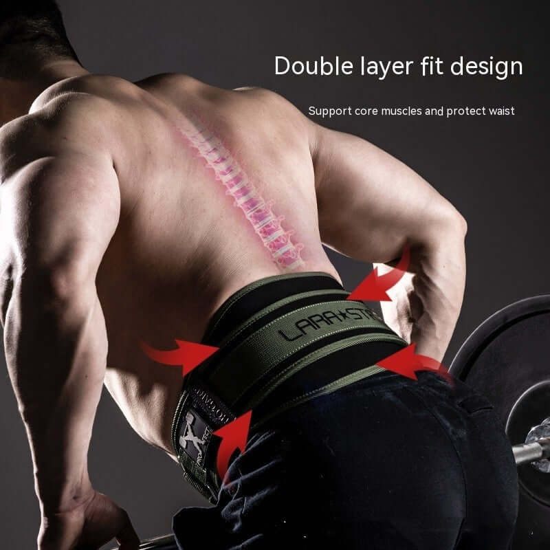 Man wearing a double layer fit design fitness belt, providing lumbar support during weightlifting.