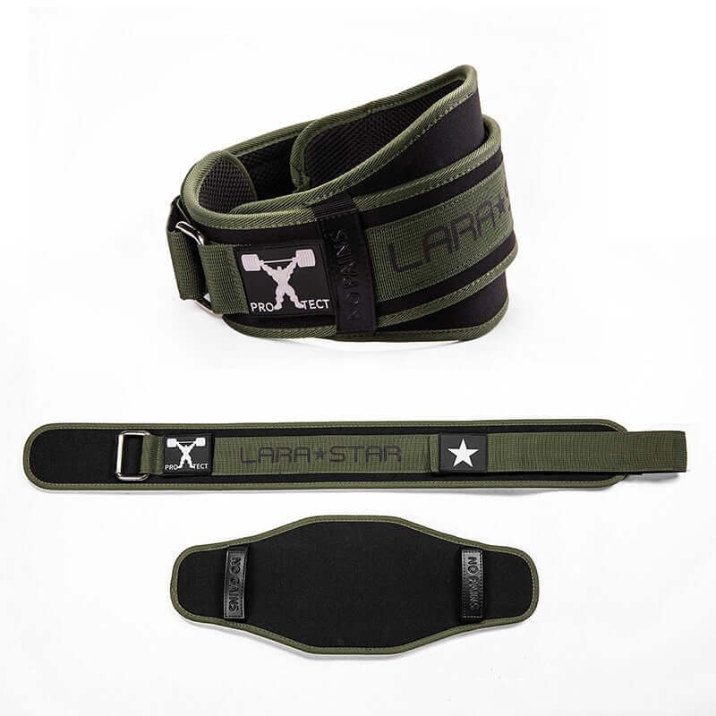 Army green men's fitness belt for lumbar support and weight training, sports protective gear accessory.