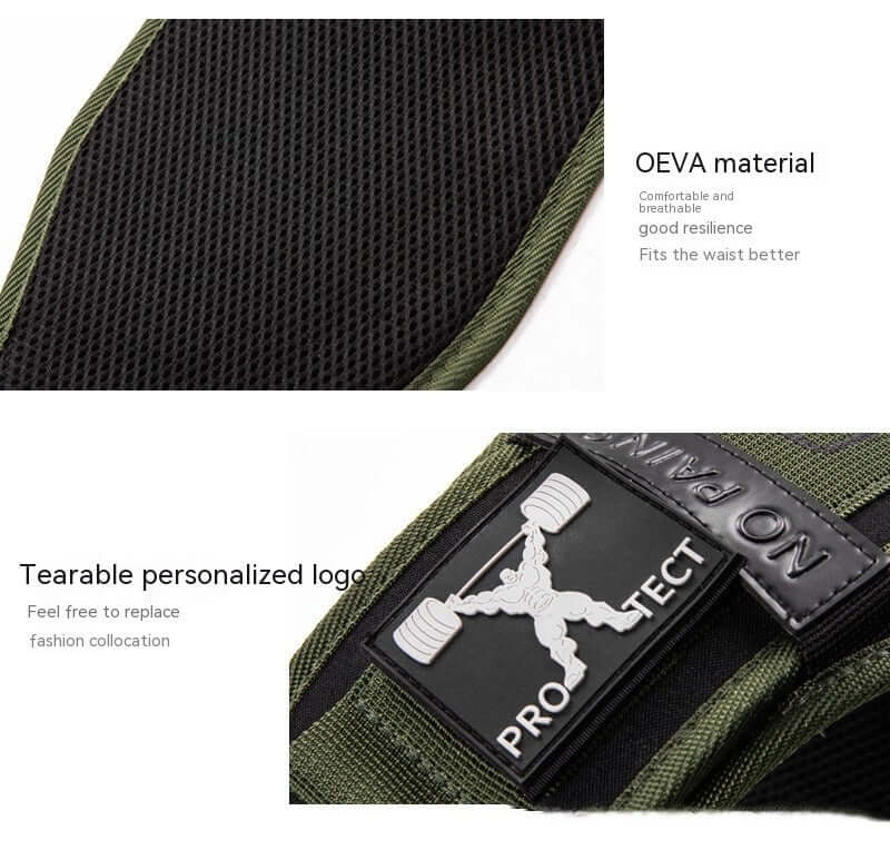 Close-up of men's fitness belt showcasing OEVA material and tearable personalized logo in army green.