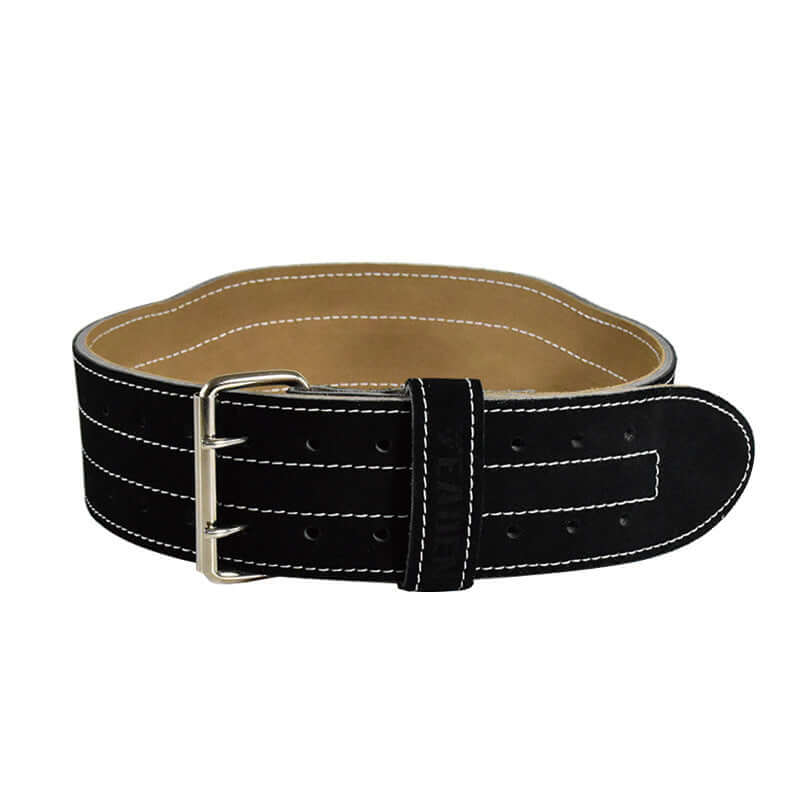 Black cowhide weight lifting belt with white stitching and silver buckle for lumbar support and weight training.
