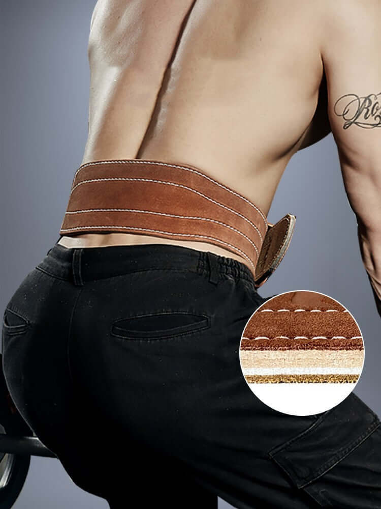 Fitness squat hard pull weight lifting belt in brown cowhide, providing lumbar spine support during workouts.