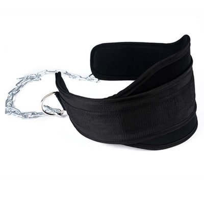 Fitness weight belt with chain, durable leather design for weighted pull-ups and dips, compact and easy to carry.
