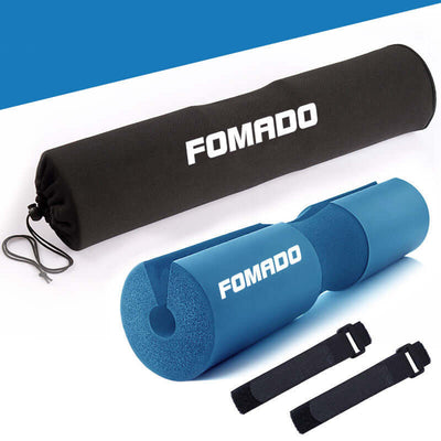 FOMADO barbell pad and carrying bag for gym weight lifting support, featuring thick foam and secure straps.
