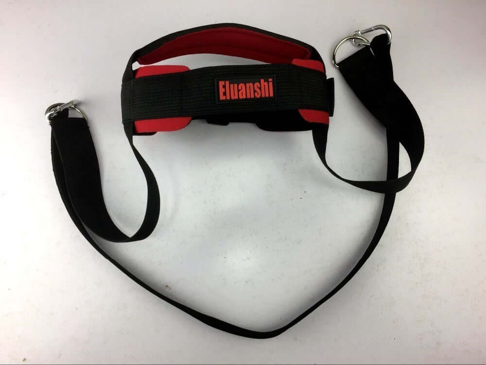 Neck weight lifting straps in solid black and red color, designed for head and wrist exercise, made from durable nylon.
