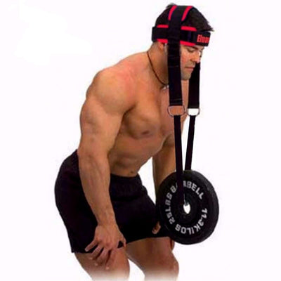 Man using neck weight lifting straps in black and red for head and wrist exercise during fitness training.