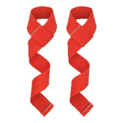 Red gym lifting straps, high-quality cotton, ideal for weightlifting exercises like rows and push-ups.
