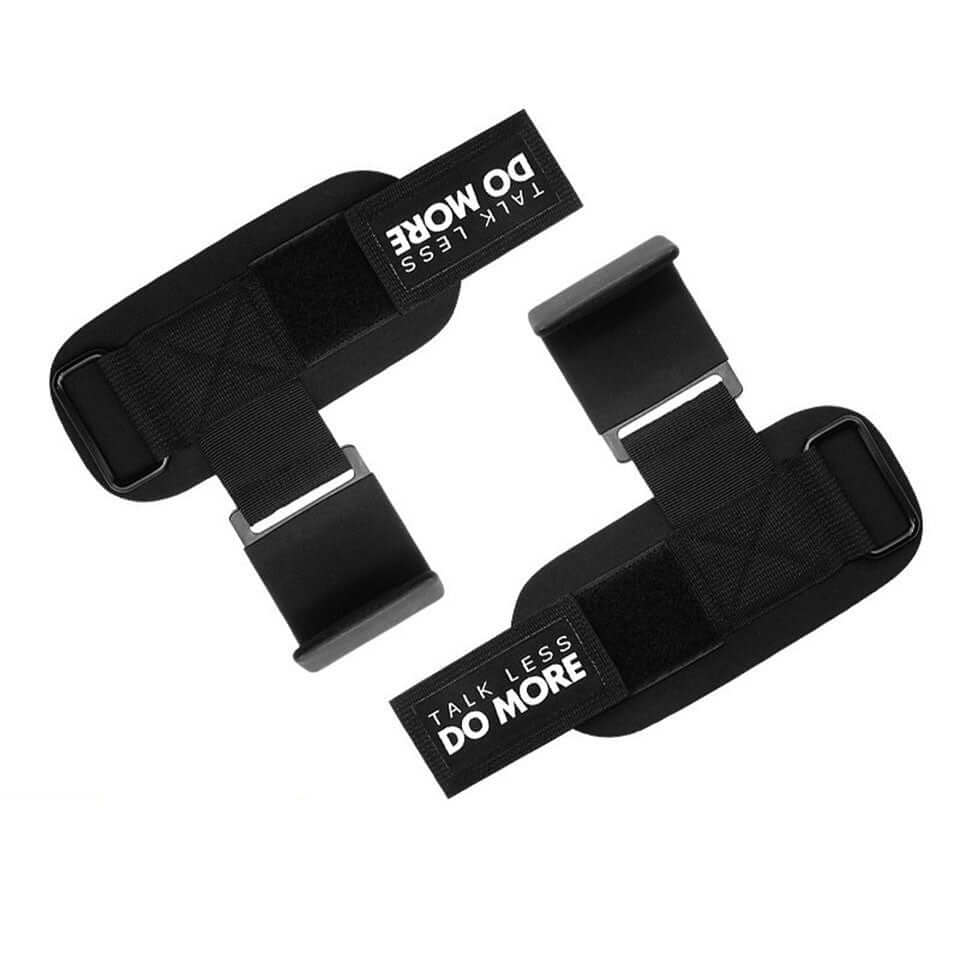 Weight lifting hook grips with wrist wraps, padded for powerlifting and heavy-duty gym training.