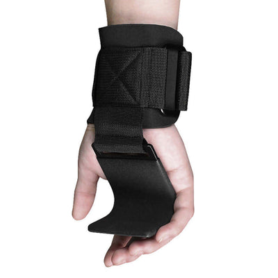 Weight lifting hook grips with padded wrist wraps for powerlifting and heavy-duty gym training.